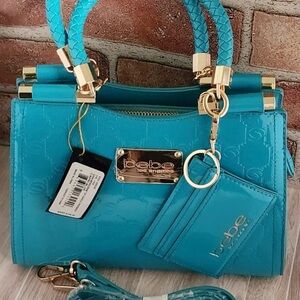 Bebe Dana Monogram Capri Blue  Handbag with Gold Accents